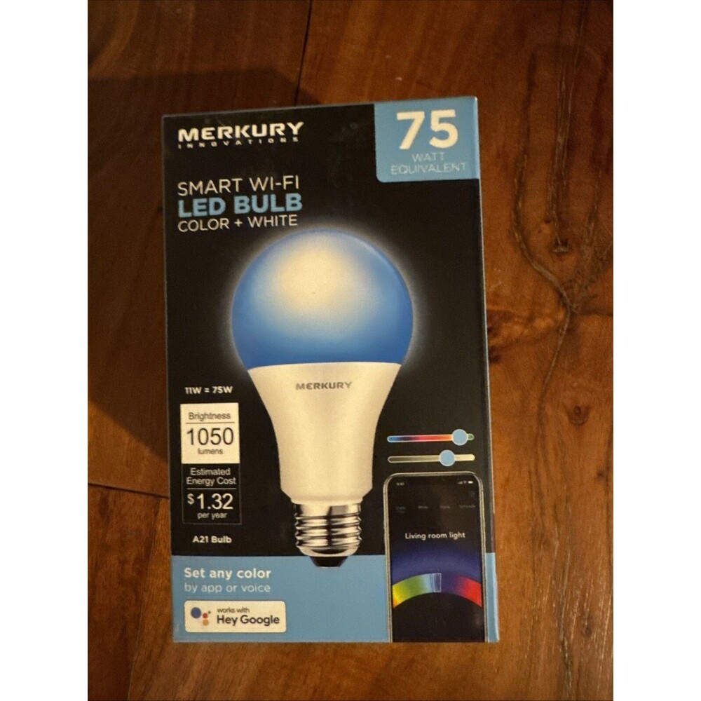 Merkury A21 Smart WIFI 11W LED Bulb Color + White 75 Watt Equivalent 1050 Lumens